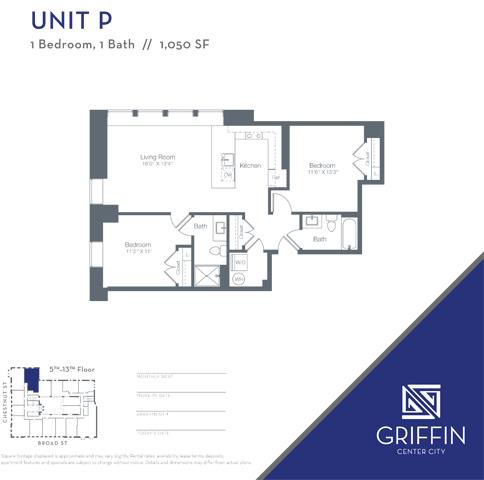 Floor plan for 1 bed, 1 bath, 1050 sqft